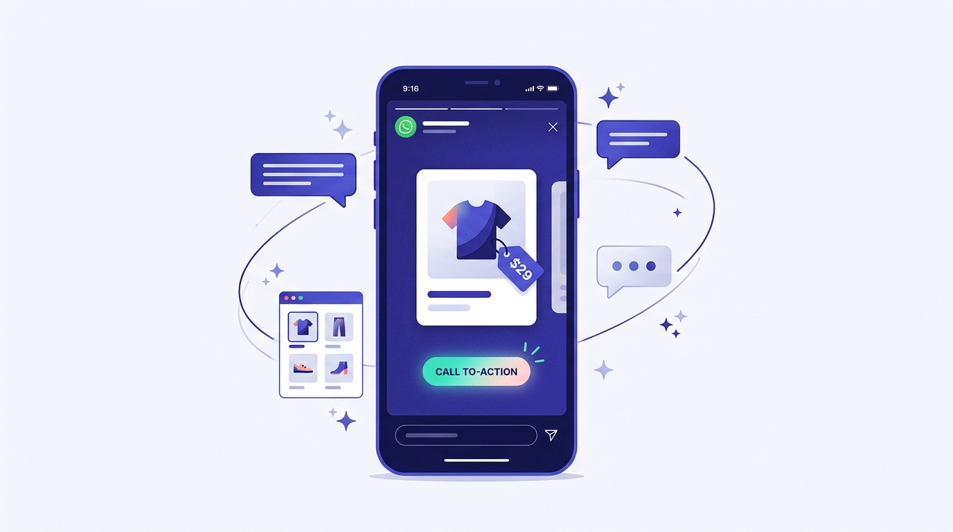 Smartphone affichant un statut WhatsApp vertical présentant un produit avec prix et bouton de commande, sur fond indigo moderne