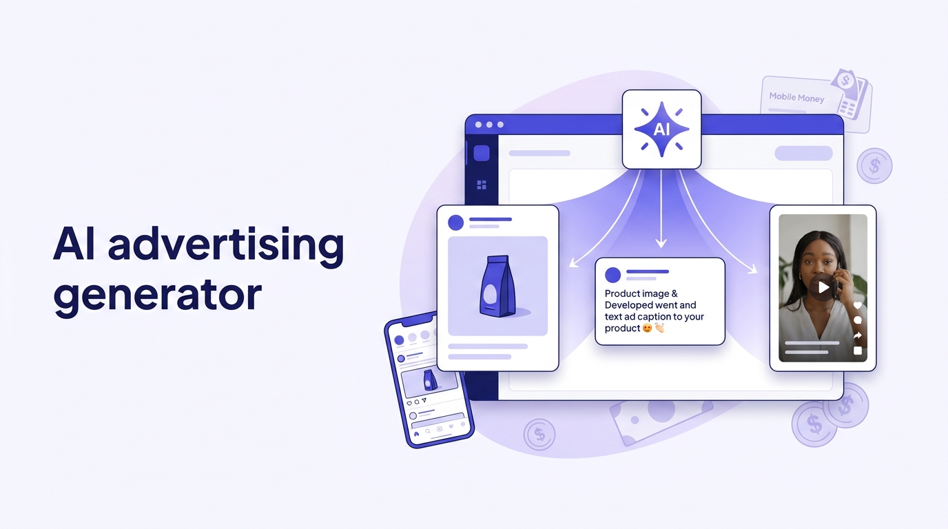 Tableau de bord d'un générateur de publicité IA affichant visuel, texte et vidéo de pub créés en quelques minutes