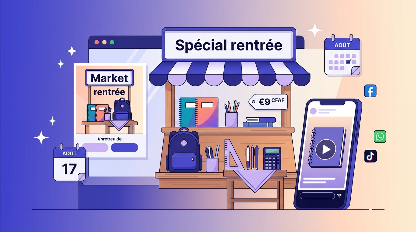 Commerçant africain affichant une publicité Spécial rentrée scolaire avec packs de fournitures et prix en FCFA pour attirer les parents