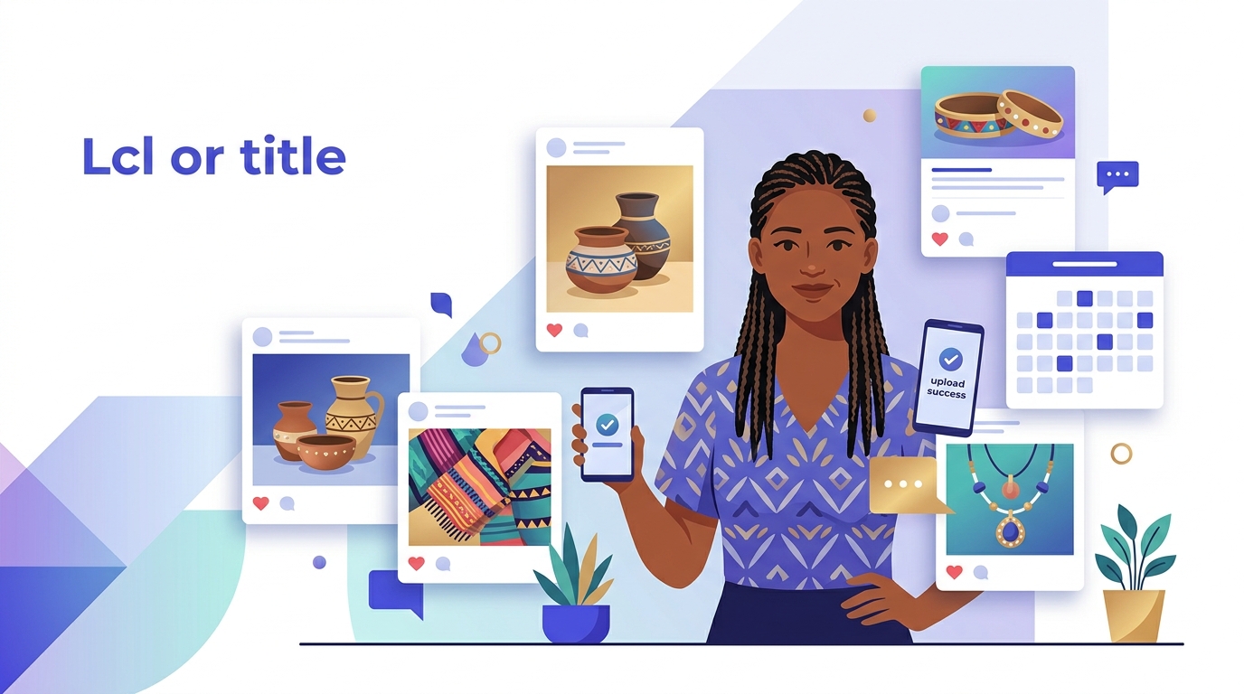 Commerçante africaine souriante préparant des publications pour les réseaux sociaux sur son smartphone, dans une ambiance moderne indigo