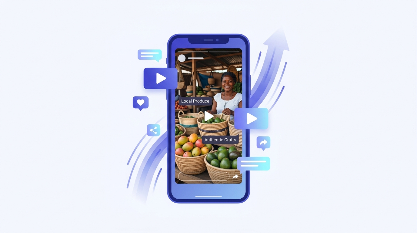 Smartphone affichant une publicité Instagram Reels verticale d'une boutique, entouré d'icônes vidéo, dans un style éditorial moderne indigo