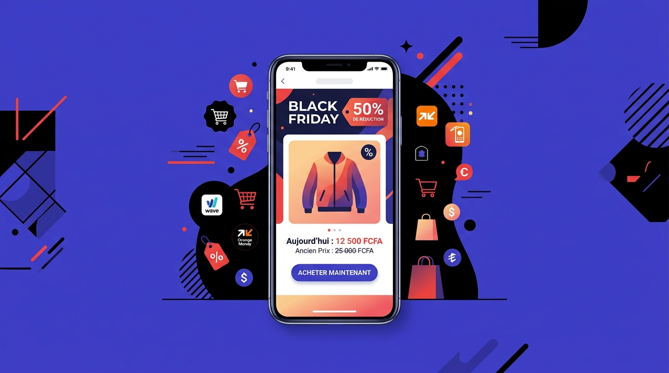 Affiche publicitaire Black Friday d'une PME africaine avec remise en FCFA sur smartphone