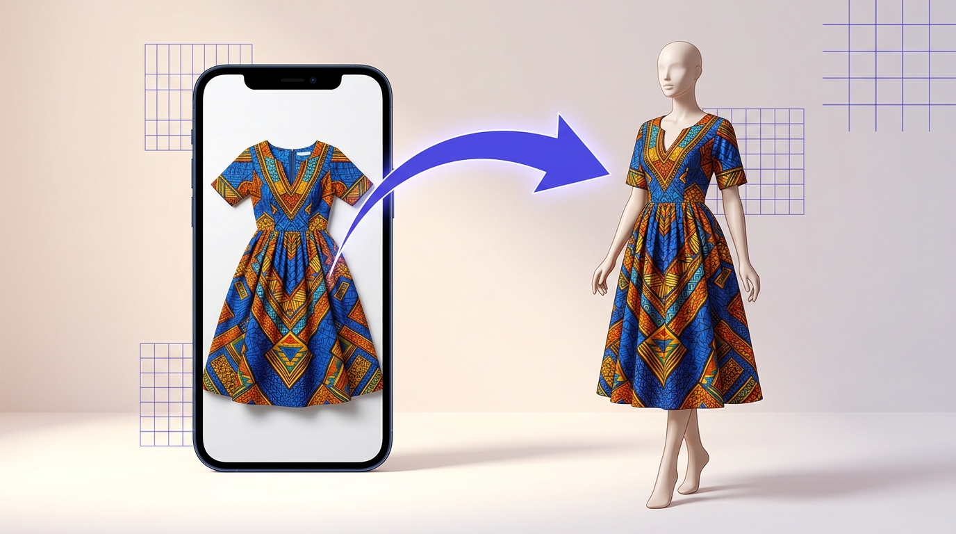 Vetement africain en wax affiche sur un mannequin IA realiste pour un catalogue mode, sans shooting photo