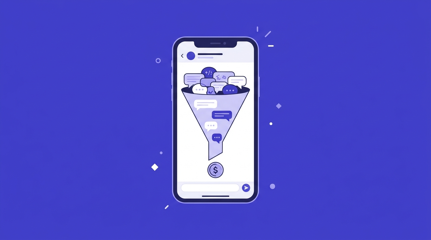 Schéma d'un tunnel de vente WhatsApp guidant un client du premier message au paiement Mobile Money, sur fond indigo moderne