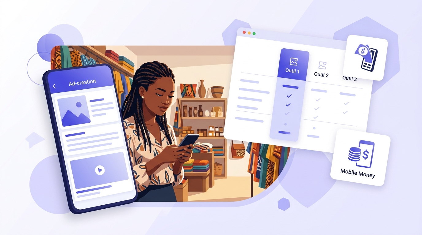 Entrepreneure africaine comparant des outils de création de publicité par IA sur son téléphone, paiement Mobile Money en FCFA