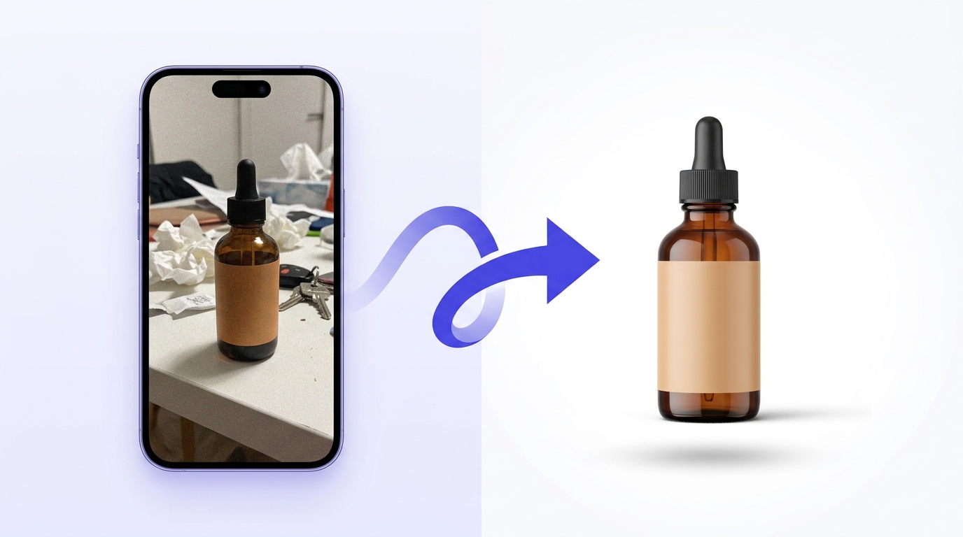 Photo produit IA : un flacon de cosmétique transformé d'un cliché de téléphone en packshot pro sur fond blanc