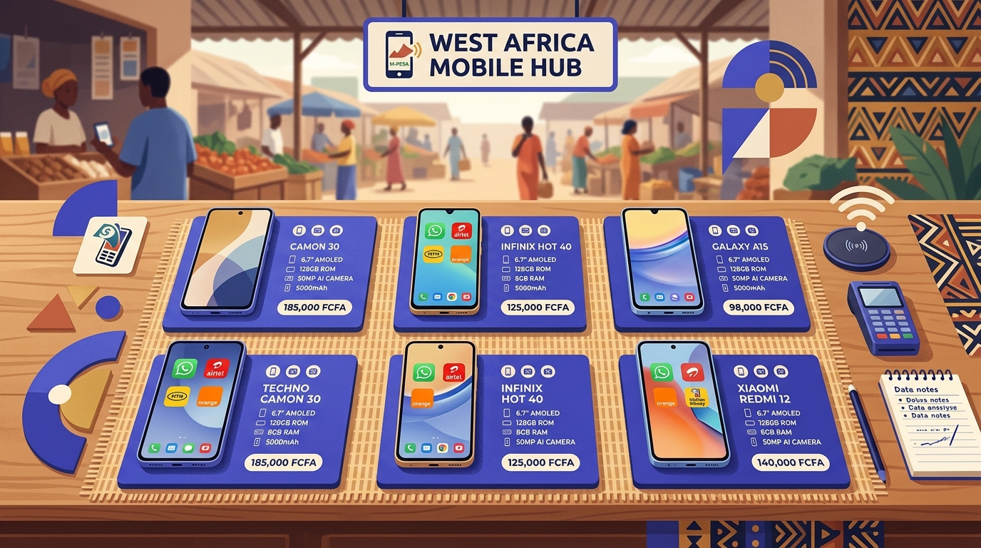 Comptoir de boutique de téléphones avec smartphones exposés et fiches produit affichant prix et caractéristiques