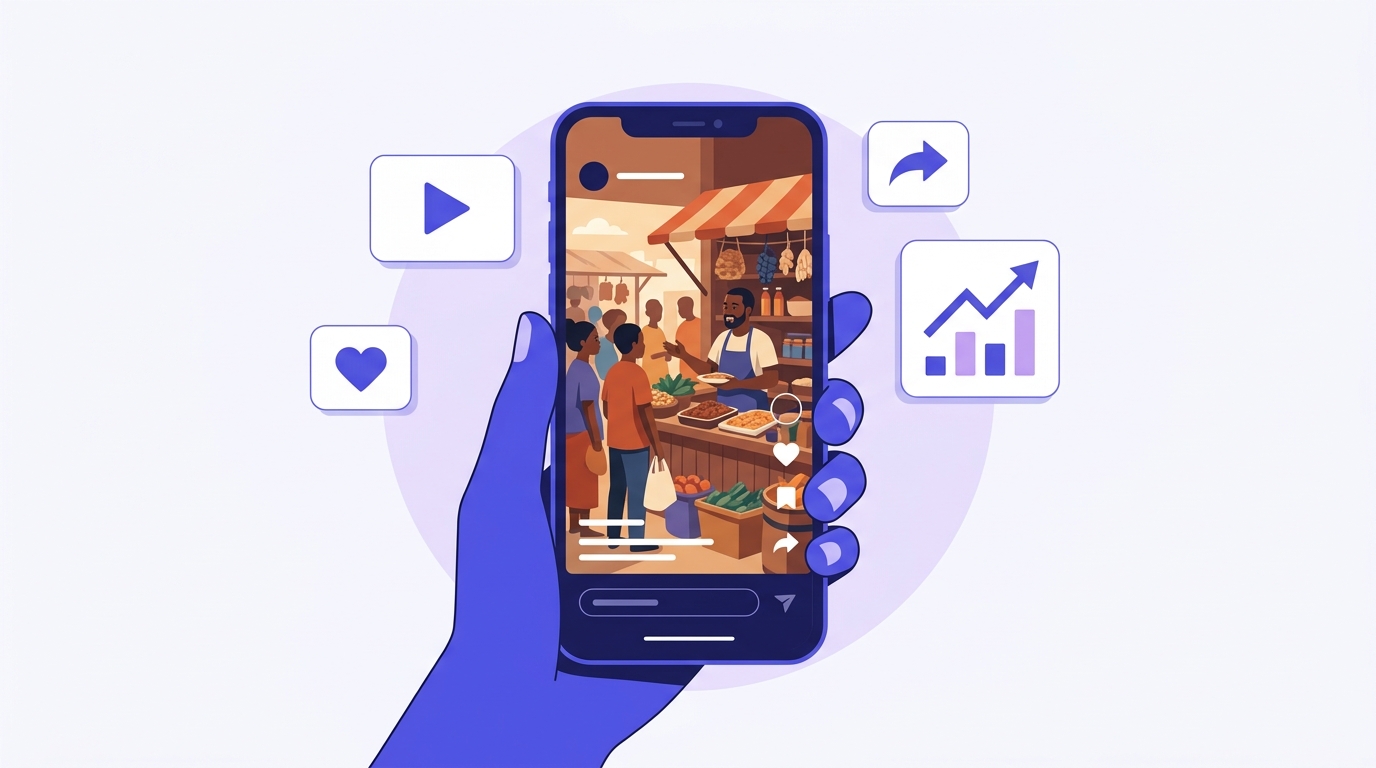 Smartphone affichant une vidéo verticale TikTok pour une PME, avec icônes de likes et de partages, dans un style éditorial moderne aux tons indigo