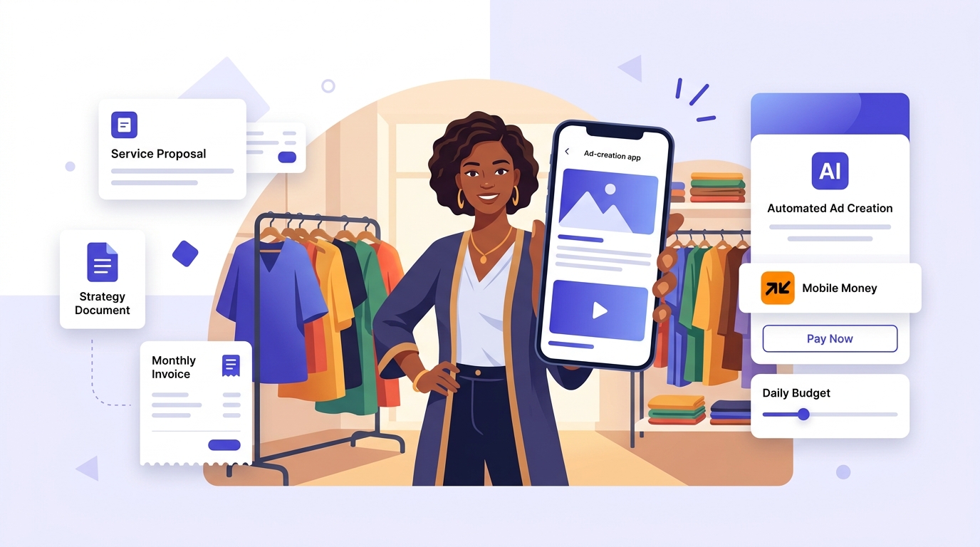 Entrepreneure sénégalaise dans sa boutique à Dakar comparant une agence de community management et un outil de publicité IA sur son téléphone, paiement Mobile Money en FCFA