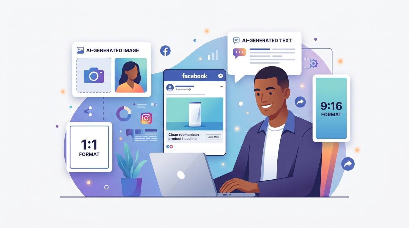Entrepreneur africain créant une publicité Facebook en ligne sur ordinateur portable, avec un visuel de pub au format carré affiché à l'écran