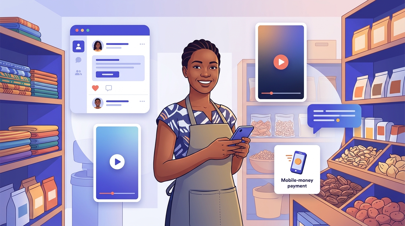 Dirigeant de PME africaine planifiant son marketing digital sur smartphone, avec icônes WhatsApp, Facebook, TikTok et Mobile Money