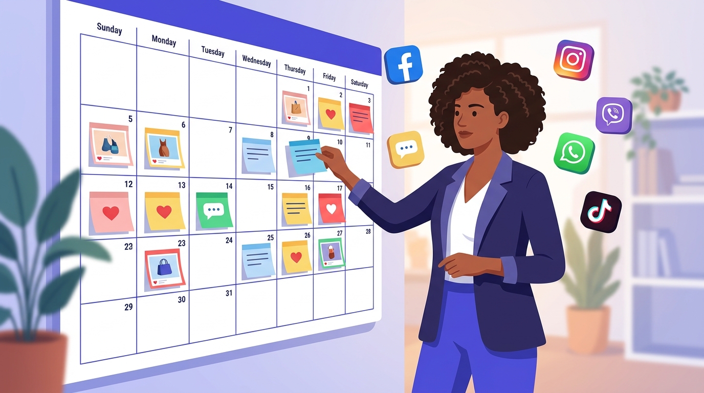 Entrepreneur africain organisant son calendrier éditorial réseaux sociaux sur un mur de planning, avec des cartes de posts par semaine, ambiance moderne indigo