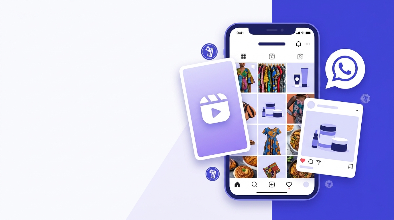 Compte Instagram d'une boutique africaine francophone transformé en vitrine avec feed cohérent, Reels et bouton WhatsApp