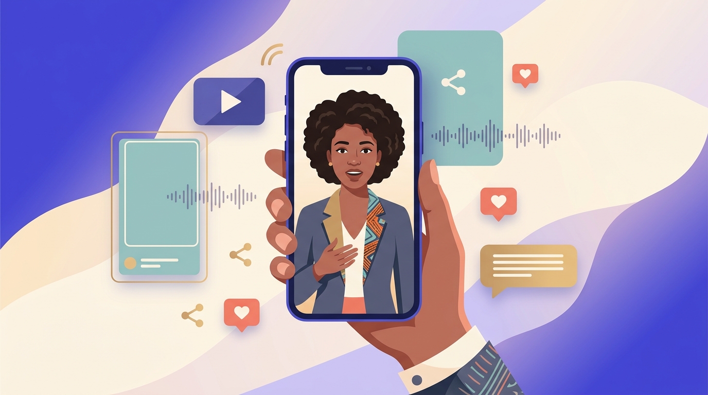 Smartphone filmant un avatar IA en format témoignage vidéo vertical pour les réseaux sociaux