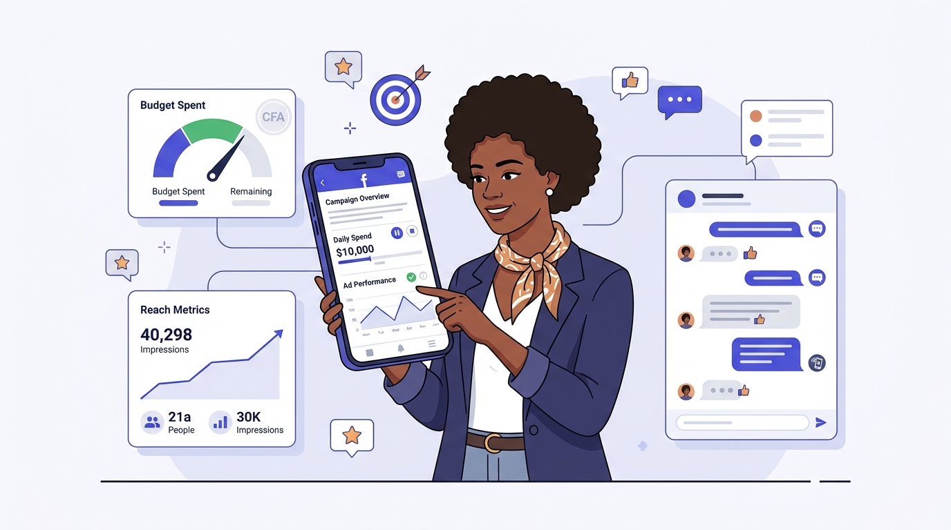 Tableau de bord d'une campagne publicitaire Facebook avec un budget de 50 000 FCFA et ses résultats