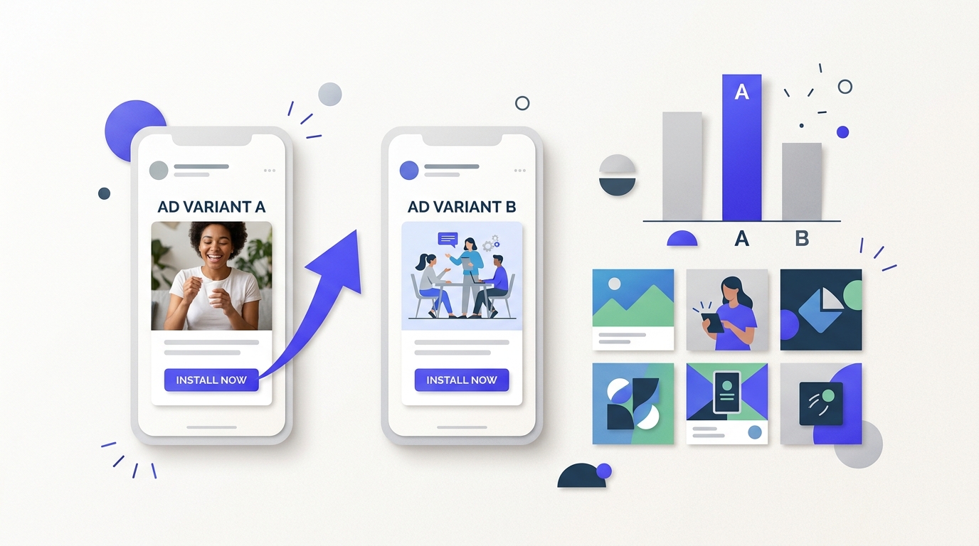 Tableau de variantes de publicités générées par IA pour un A/B test, avec accroches et visuels comparés