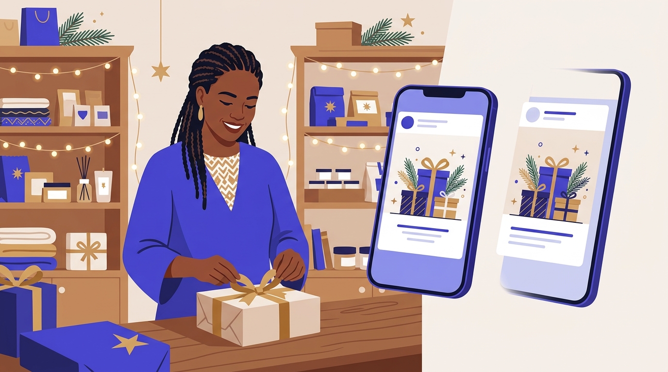 Commerçante africaine emballant des coffrets cadeaux de fêtes dans sa boutique décorée, avec un smartphone affichant une affiche publicitaire festive de Noël