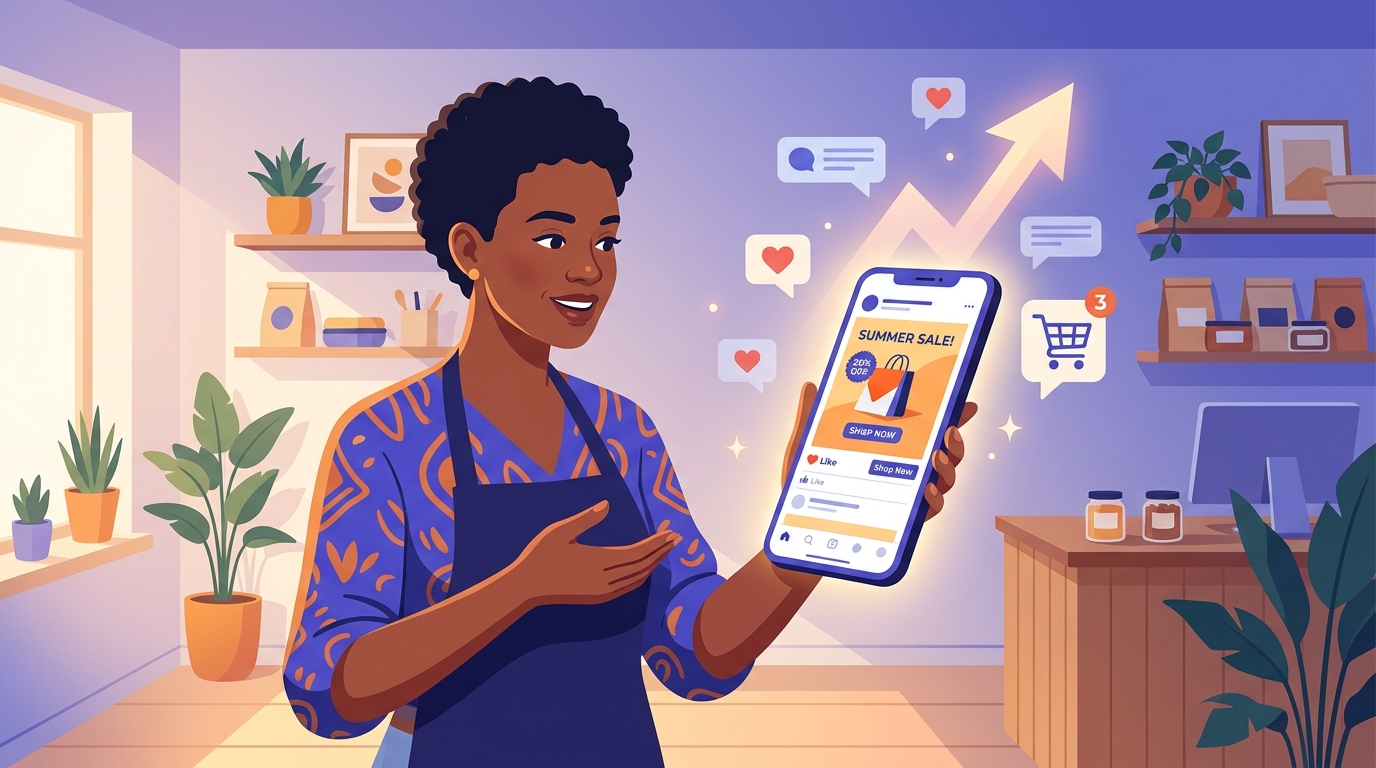 Entrepreneure africaine analysant une publicité efficace sur son téléphone, illustrant la méthode pour créer une pub qui vend