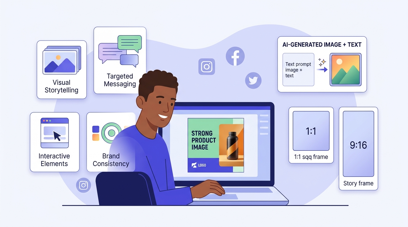 Entrepreneur africain créant une affiche publicitaire sur ordinateur portable, avec un visuel de promo au format carré affiché à l'écran sans logiciel de graphisme