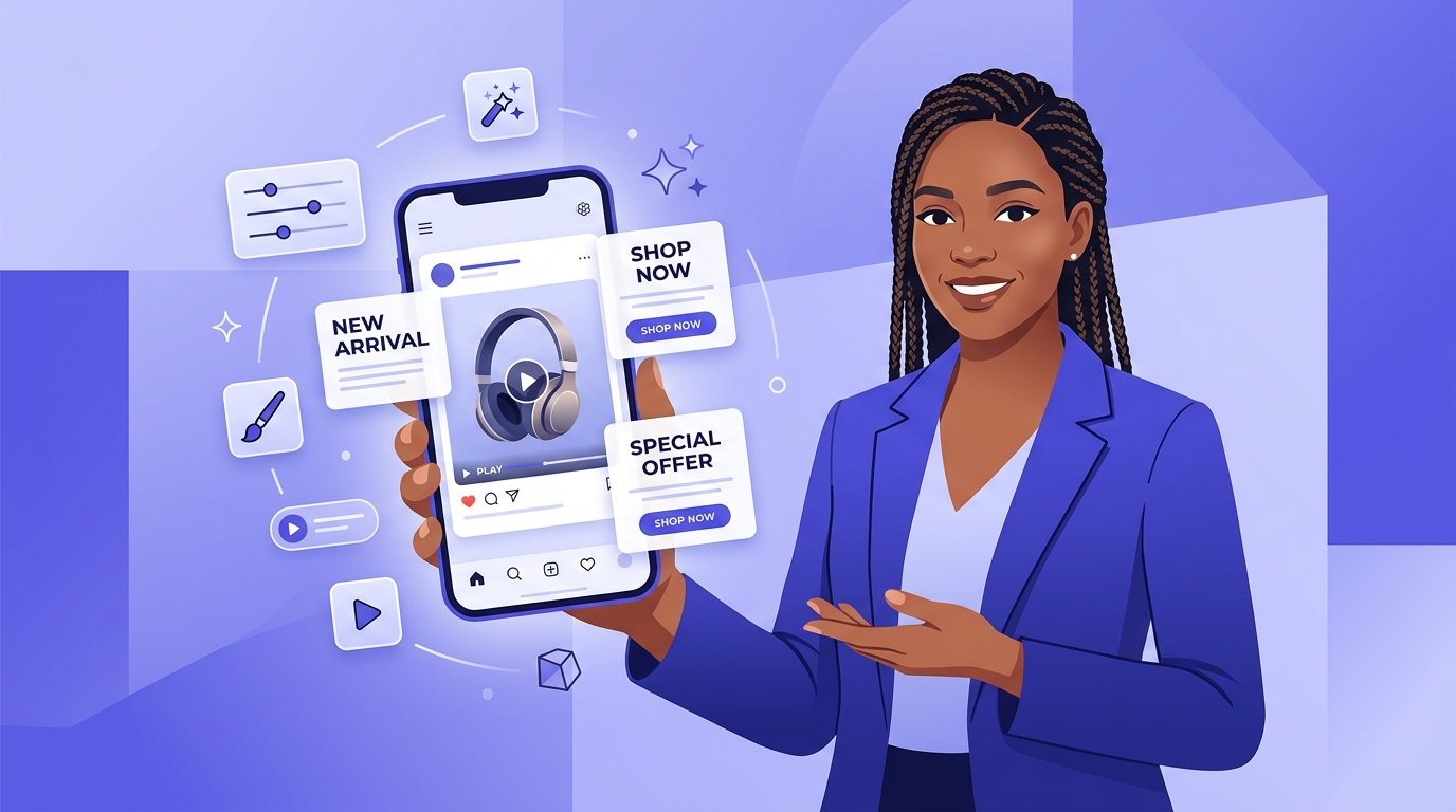 Entrepreneur africain créant une publicité professionnelle sur son téléphone sans graphiste, avec image et vidéo générées par IA