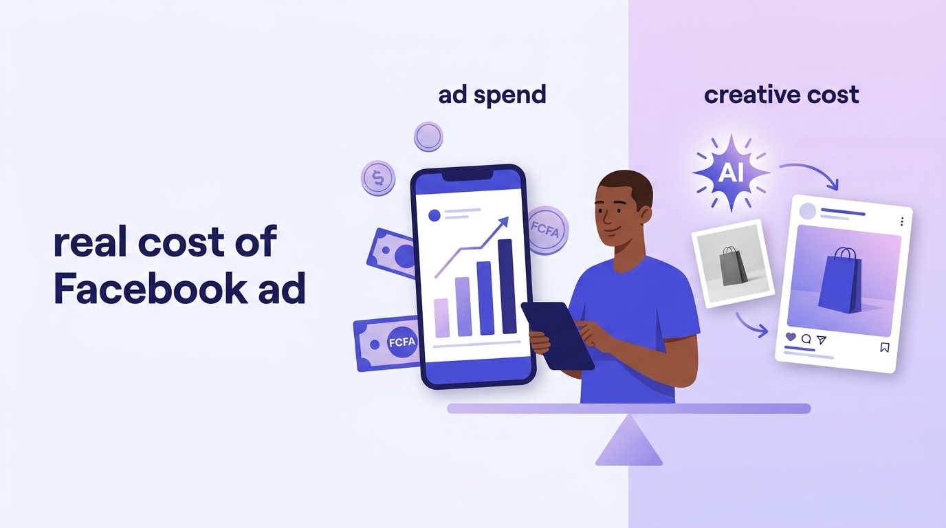 Entrepreneur africain analysant le coût d'une publicité Facebook sur son téléphone, budget Meta et création en FCFA