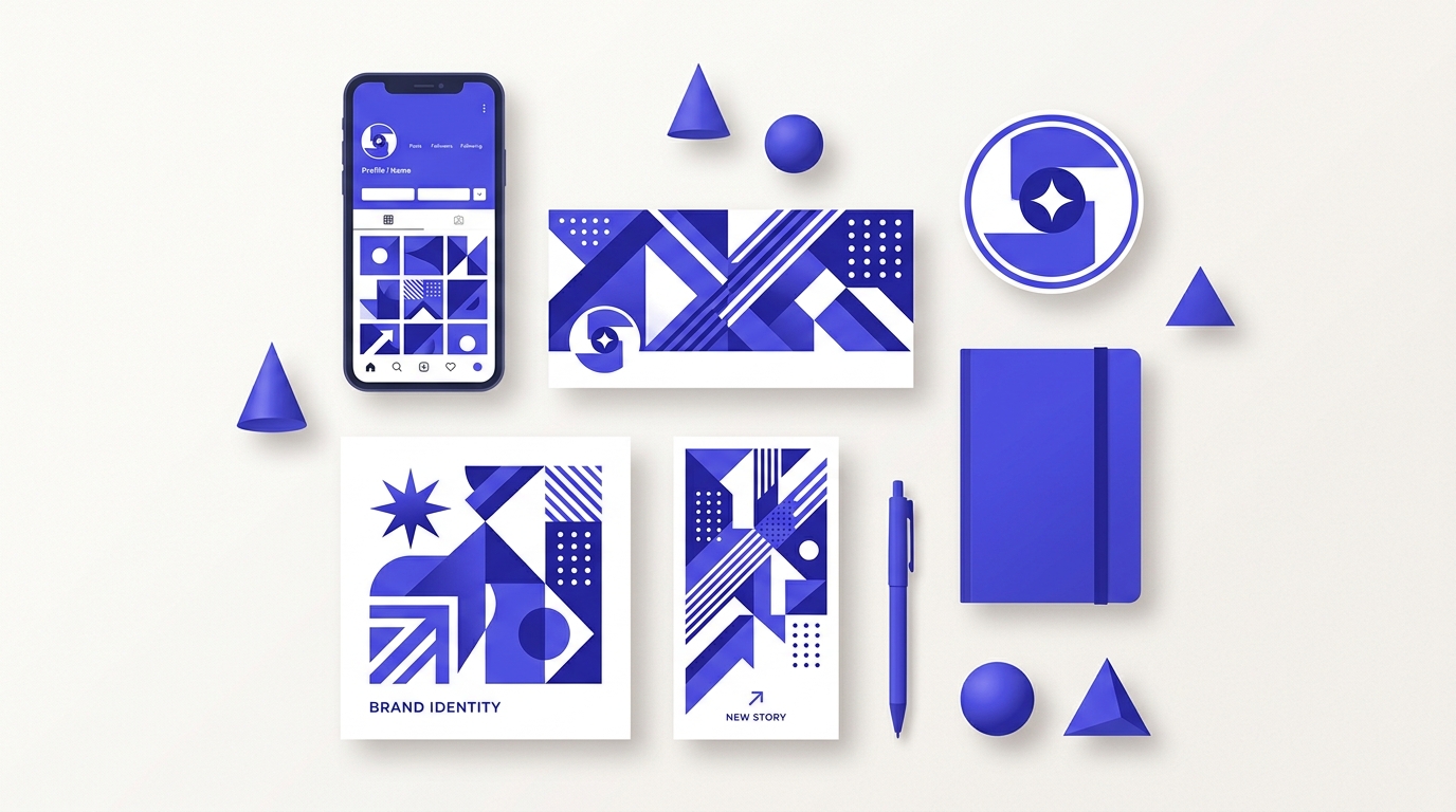 Ensemble de visuels de marque coordonnés (profil, bannière, post, story) partageant les mêmes couleurs et polices sur réseaux sociaux