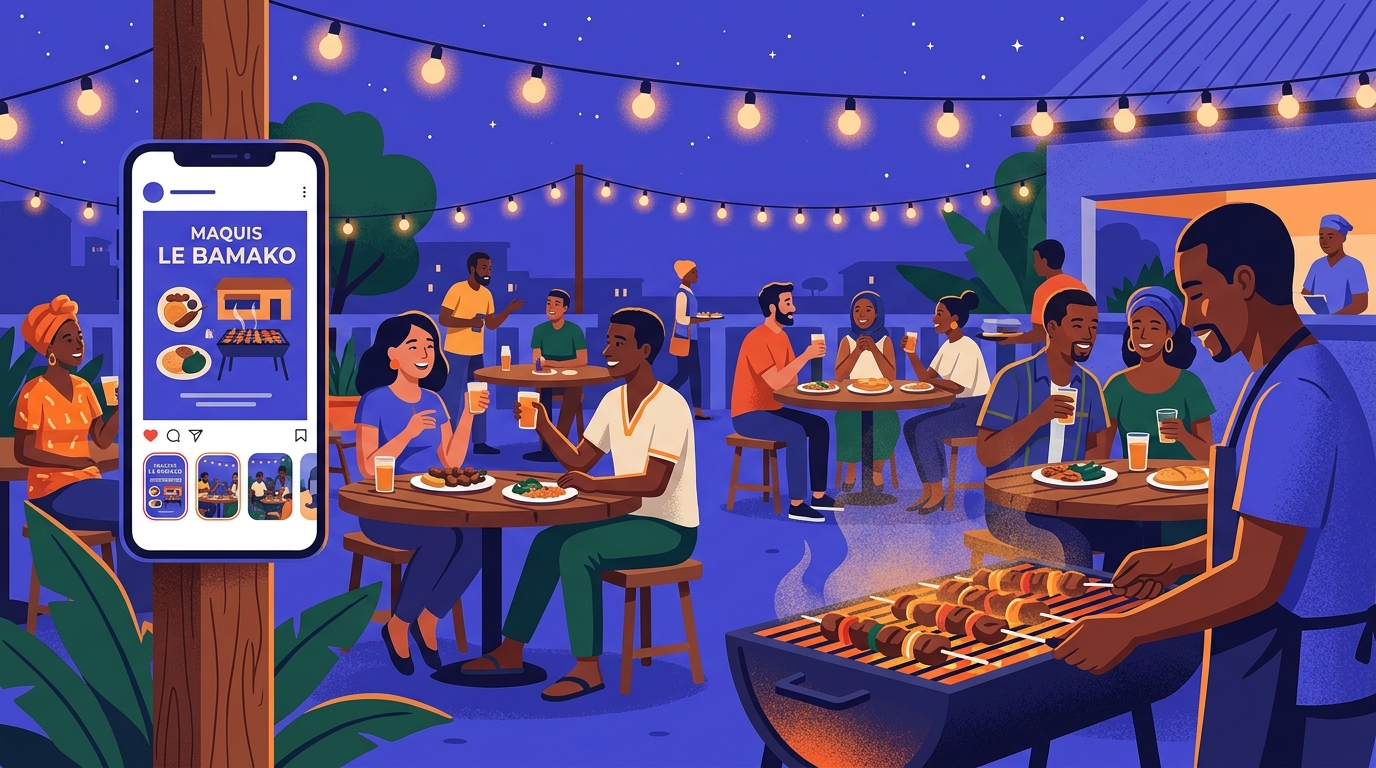 Affiche de pub pour un maquis africain annonçant une soirée, prête pour le statut WhatsApp et TikTok