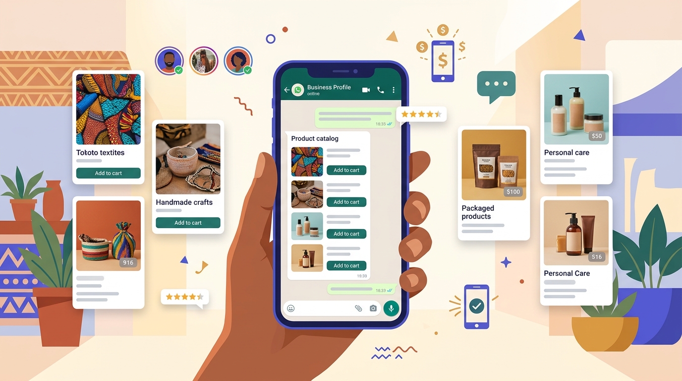 Commerçant africain présentant son catalogue de produits sur l'application WhatsApp Business depuis son smartphone