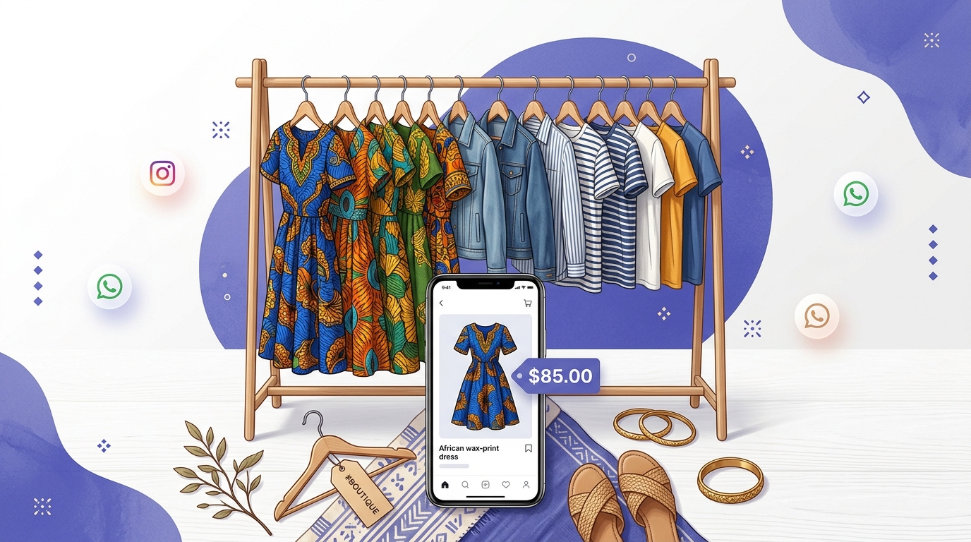 Boutique de vêtements africaine avec visuels de publicité mode propres affichés sur smartphone