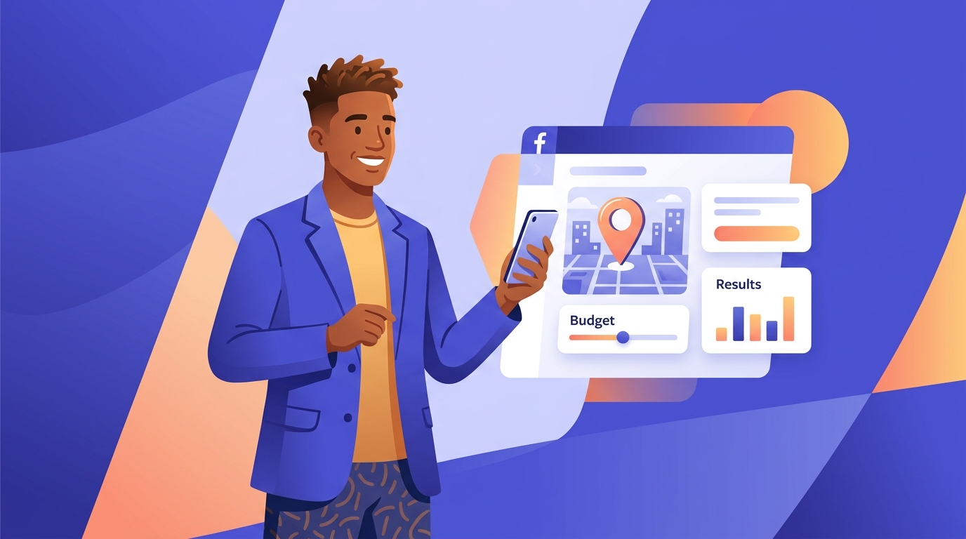 Entrepreneur africain configurant une publicité Facebook pour son commerce depuis son téléphone avec un budget en FCFA