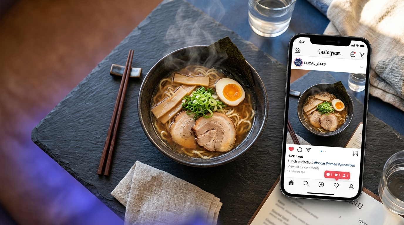 Photographie de plat de restaurant appétissant mis en valeur pour une publicité sur les réseaux sociaux, ambiance moderne aux tons indigo