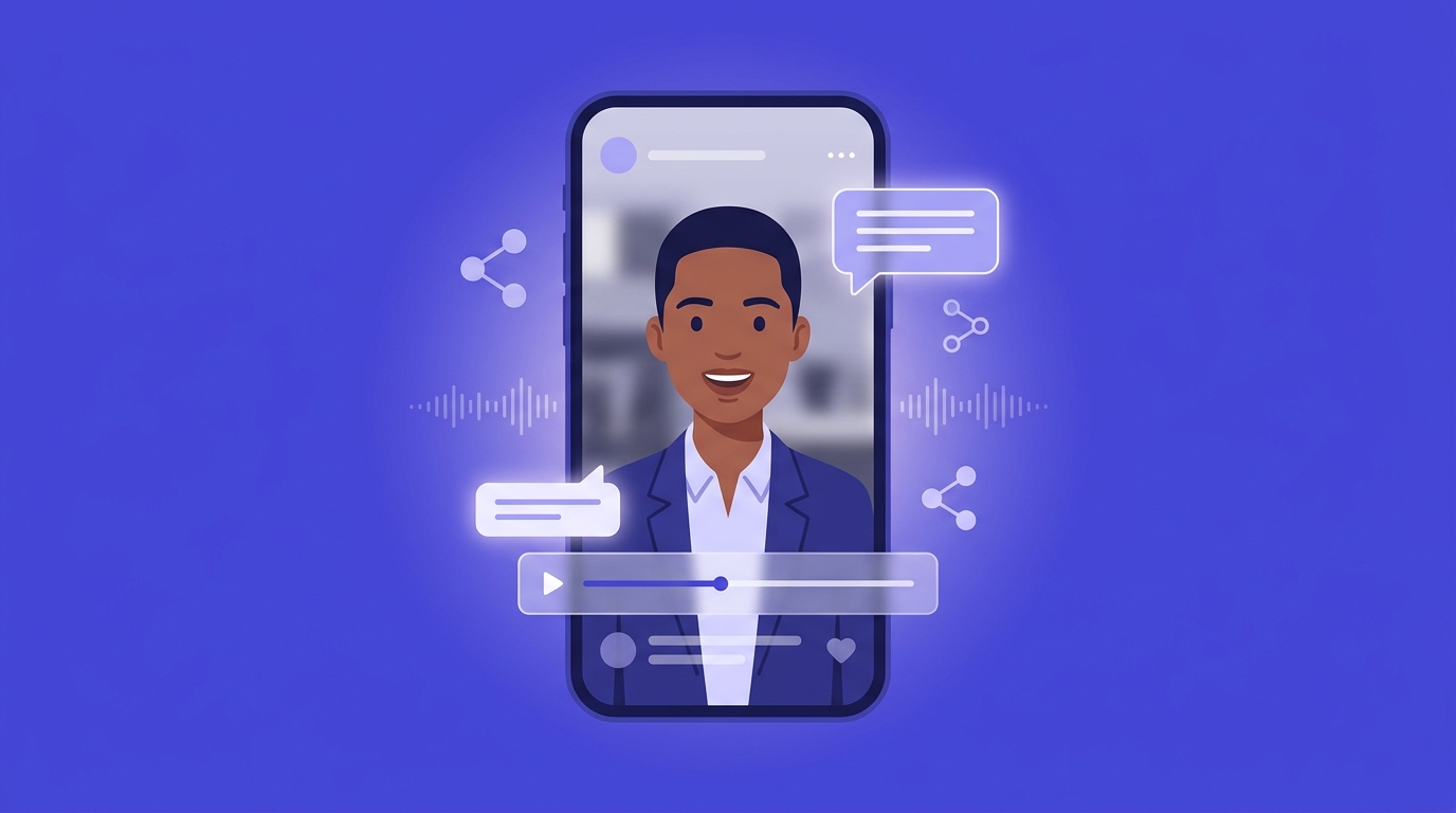 Avatar IA porte-parole présentant une offre en vidéo verticale sur smartphone, format pub réseaux sociaux